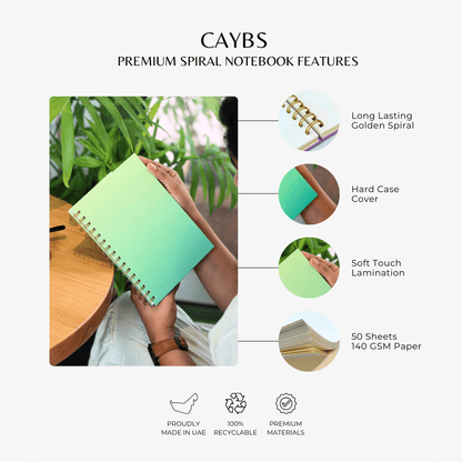 Premium Spiral Plain Notebook - Green Gradient Printed Cover - A5 Size, Made In UAE
