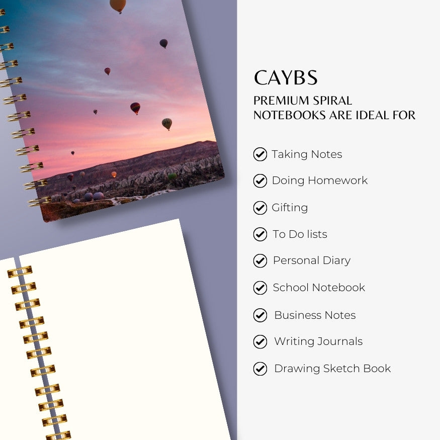 Premium Spiral Plain Notebook - Hot Air Balloons Cover Design - A5 Size, Made In UAE
