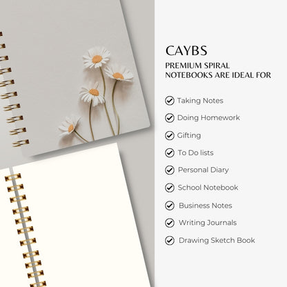 Premium Spiral Plain Notebook - White Minimalist Flower Printed Cover - A5 Size, Made In UAE