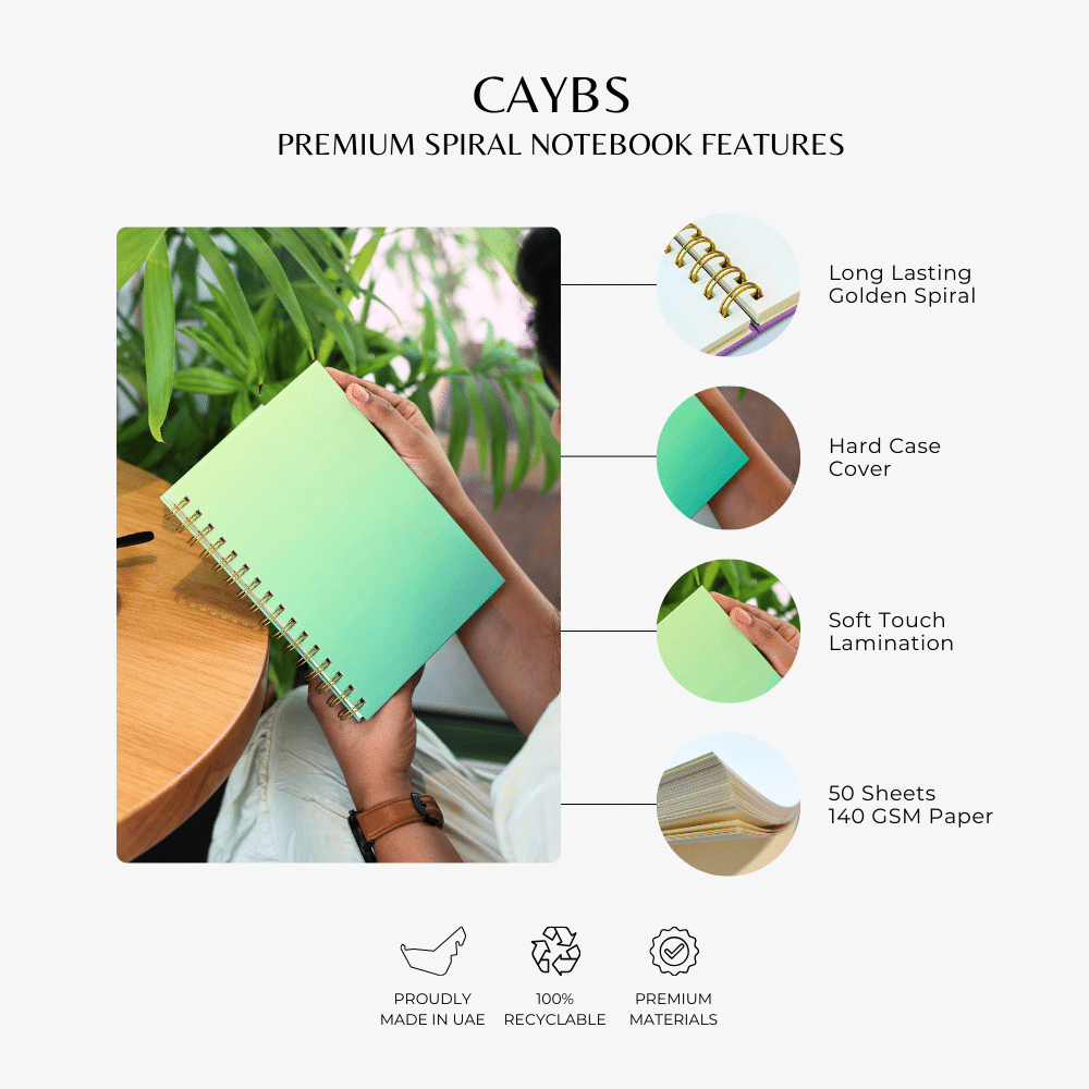Premium Spiral Plain Notebook - Green Gradient Printed Cover - A5 Size, Made In UAE