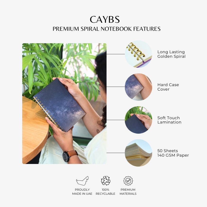 Premium Spiral Plain Notebook - Night Sky Printed Cover - A5 Size, Made In UAE