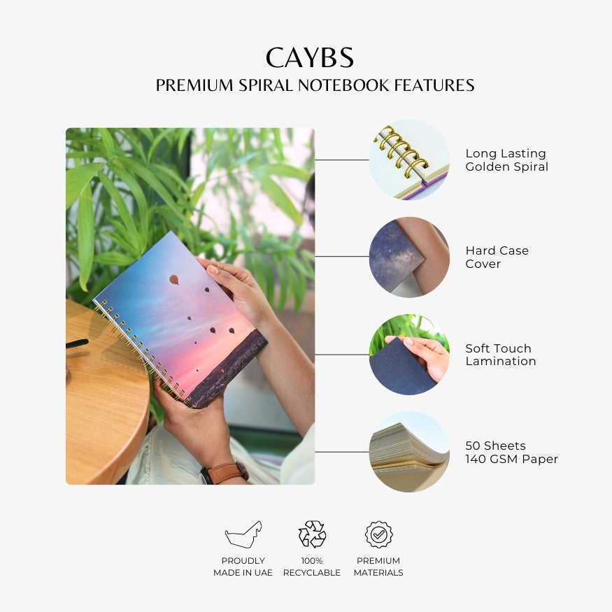 Premium Spiral Plain Notebook - Hot Air Balloons Cover Design - A5 Size, Made In UAE