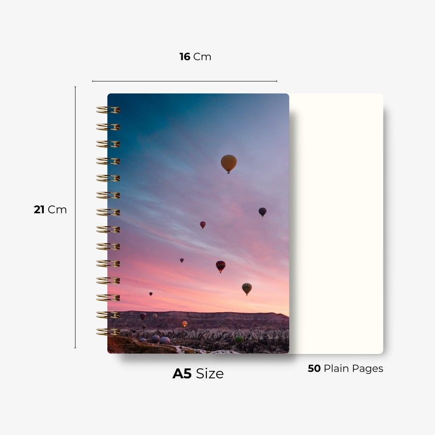 Premium Spiral Plain Notebook - Hot Air Balloons Cover Design - A5 Size, Made In UAE