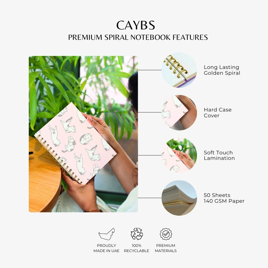 Premium Spiral Plain Notebook - Cat Pattern Printed Cover - A5 Size, Made In UAE