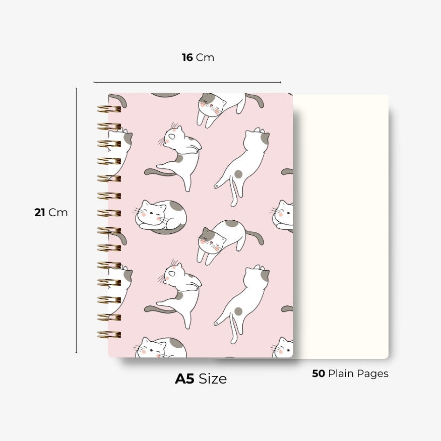Premium Spiral Plain Notebook - Cat Pattern Printed Cover - A5 Size, Made In UAE