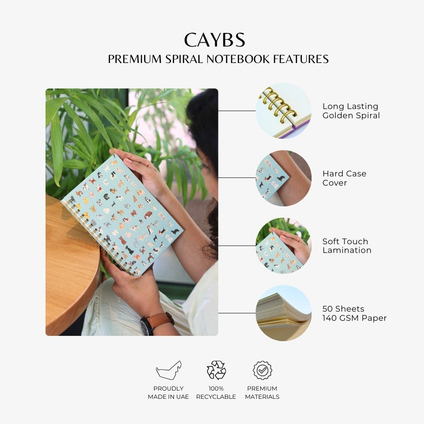 Premium Spiral Plain Notebook - Dogs Pattern Cover Printed- A5 Size, Made In UAE