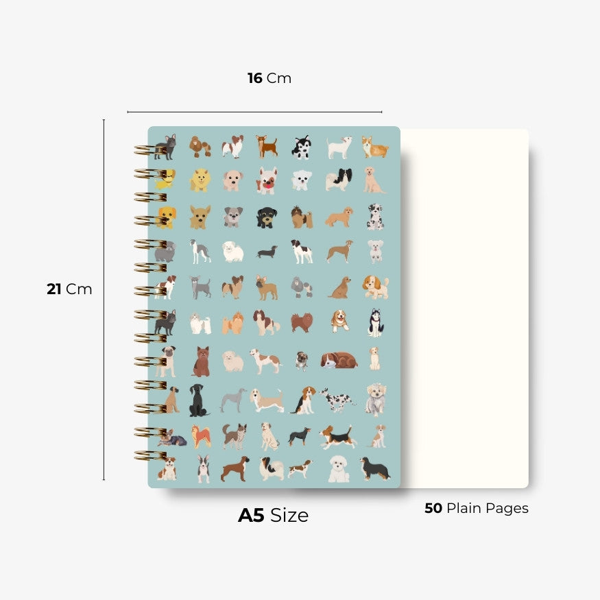 Premium Spiral Plain Notebook - Dogs Pattern Cover Printed- A5 Size, Made In UAE
