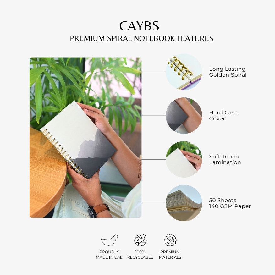 Premium Spiral Plain Notebook - Black & White Mountain Cover - A5 Size, Made In UAE