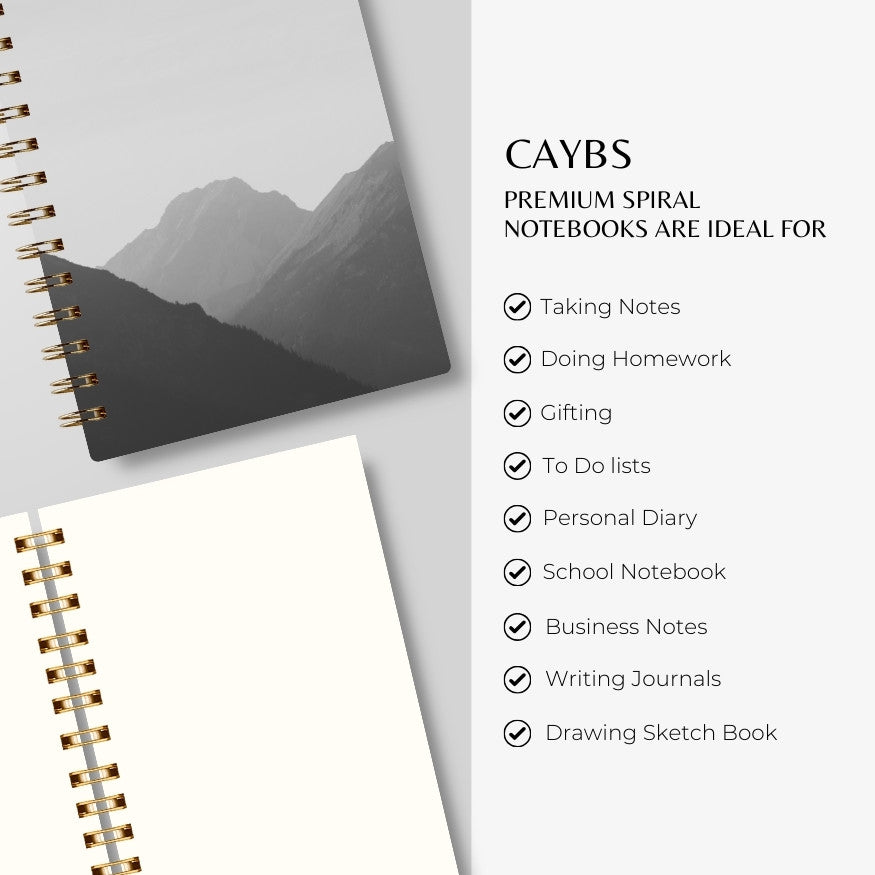 Premium Spiral Plain Notebook - Black & White Mountain Cover - A5 Size, Made In UAE