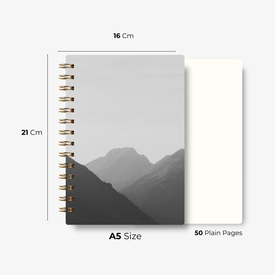 Premium Spiral Plain Notebook - Black & White Mountain Cover - A5 Size, Made In UAE