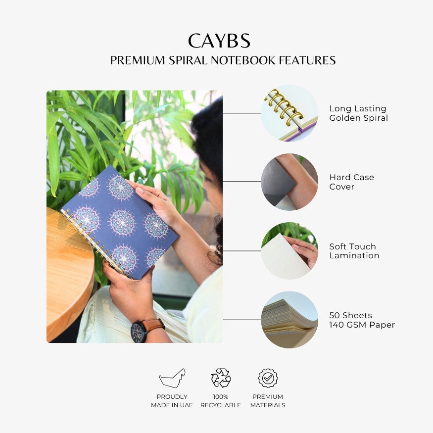 Premium Spiral Plain Notebook - Purple Kaleidoscope Cover Design - A5 Size, Made In UAE