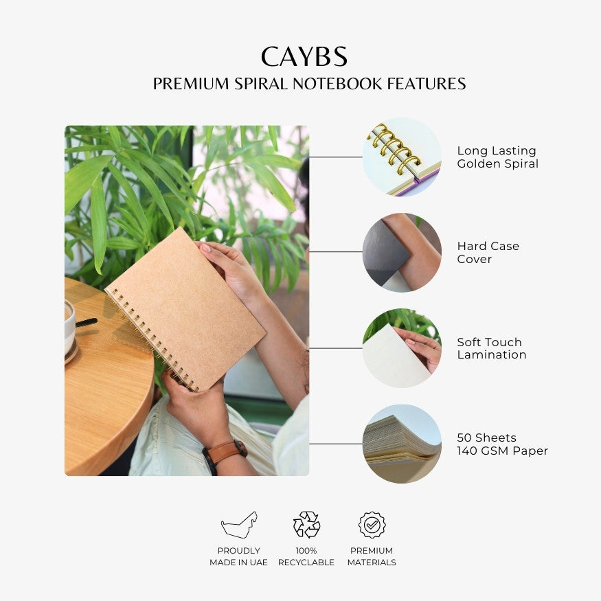 Premium Spiral Plain Notebook - Kraft Natural Eco Friendly Design - A5 Size, Made In UAE