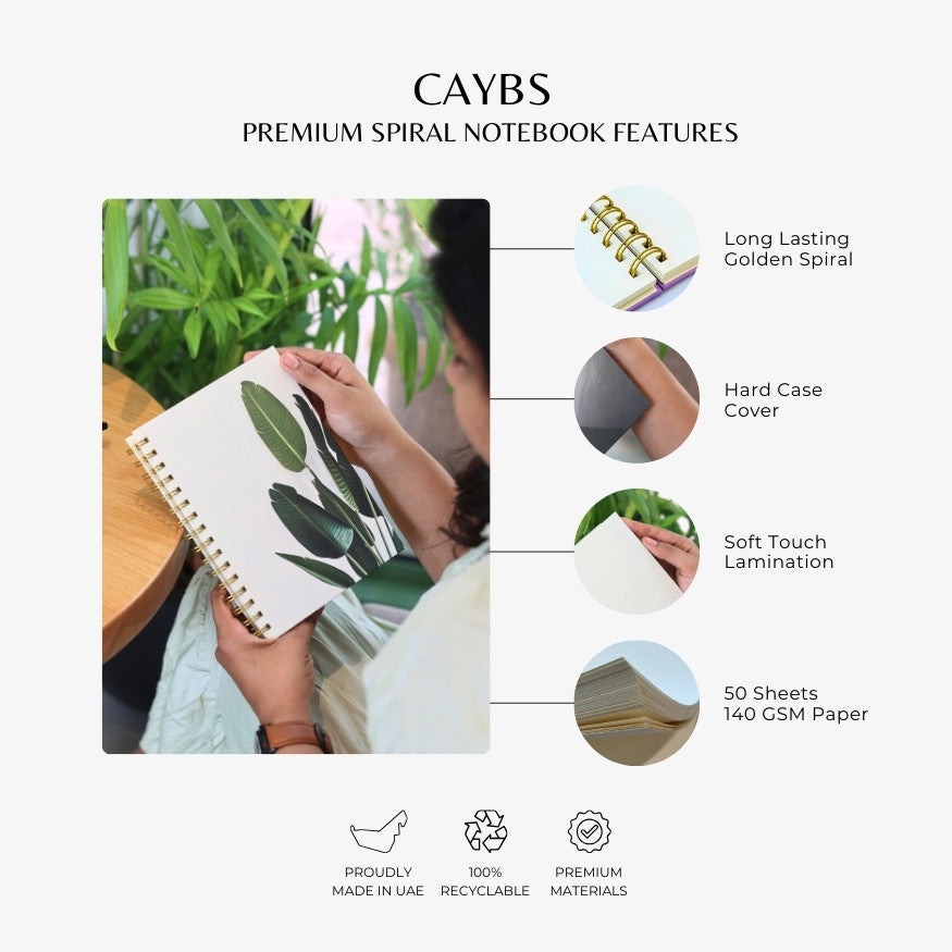 Premium Spiral Plain Notebook - Minimalist Green Leaf Cover Design - A5 Size, Made In UAE