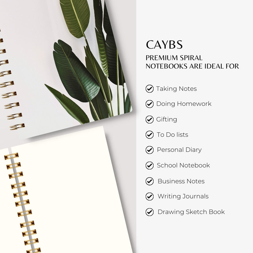 Premium Spiral Plain Notebook - Minimalist Green Leaf Cover Design - A5 Size, Made In UAE