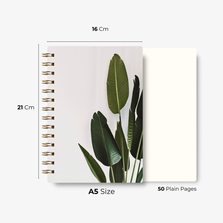 Premium Spiral Plain Notebook - Minimalist Green Leaf Cover Design - A5 Size, Made In UAE
