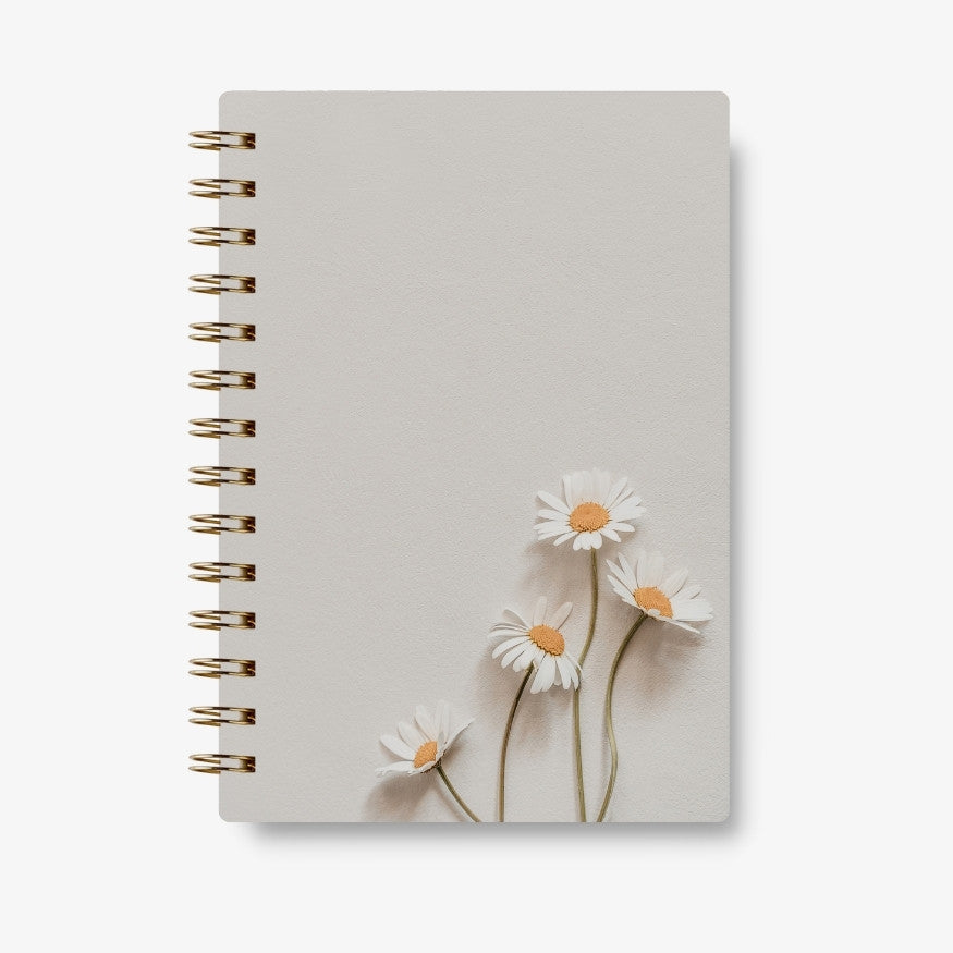 Premium Spiral Plain Notebook - White Minimalist Flower Printed Cover - A5 Size, Made In UAE