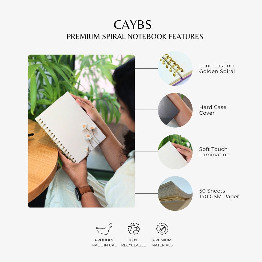 Premium Spiral Plain Notebook - White Minimalist Flower Printed Cover - A5 Size, Made In UAE