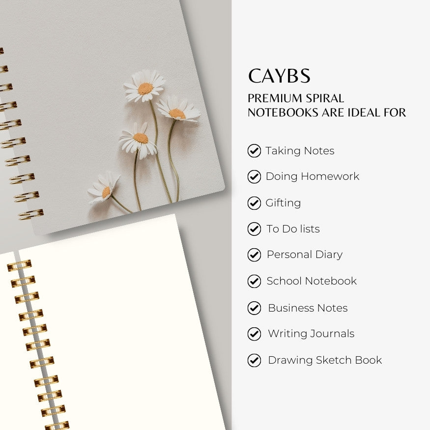 Premium Spiral Plain Notebook - White Minimalist Flower Printed Cover - A5 Size, Made In UAE