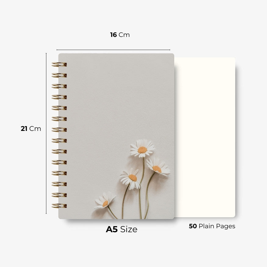 Premium Spiral Plain Notebook - White Minimalist Flower Printed Cover - A5 Size, Made In UAE