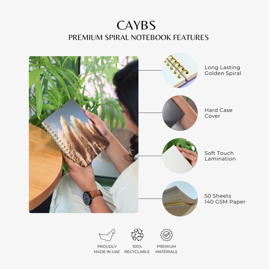 Premium Spiral Plain Notebook - Minimalist Feather Leaf - A5 Size, Made In UAE