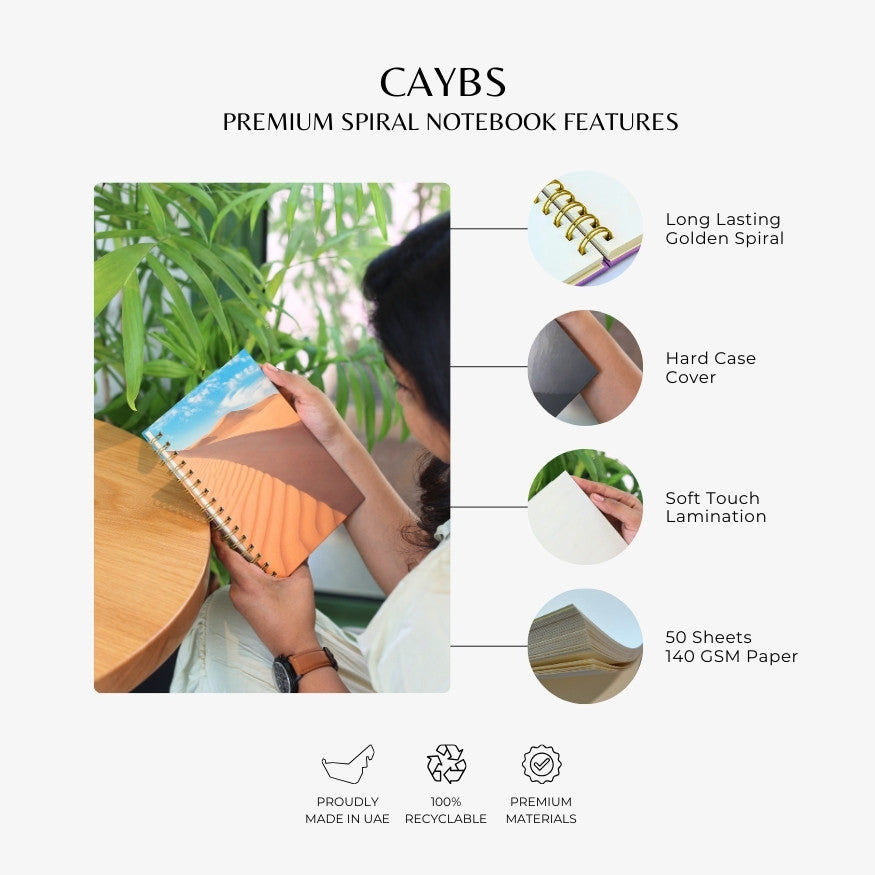 Premium Spiral Plain Notebook - Desert and Sky Printed Cover - A5 Size, Made In UAE