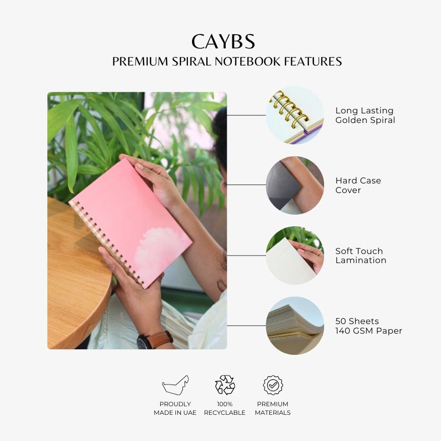 Premium Spiral Plain Notebook - Pink Sky Cover Printed - A5 Size, Made In UAE
