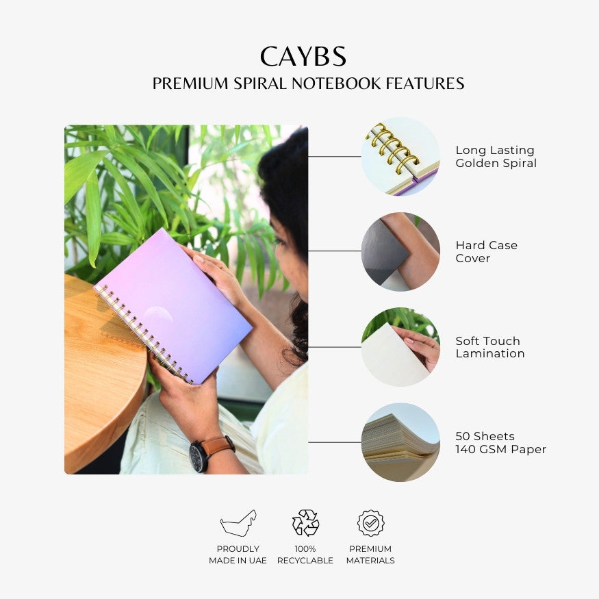 Premium Spiral Plain Notebook - Purple Moon Cover Design - A5 Size, Made In UAE