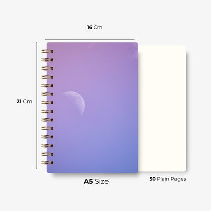 Premium Spiral Plain Notebook - Purple Moon Cover Design - A5 Size, Made In UAE
