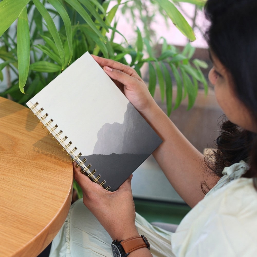 Premium Spiral Plain Notebook - Black & White Mountain Cover - A5 Size, Made In UAE
