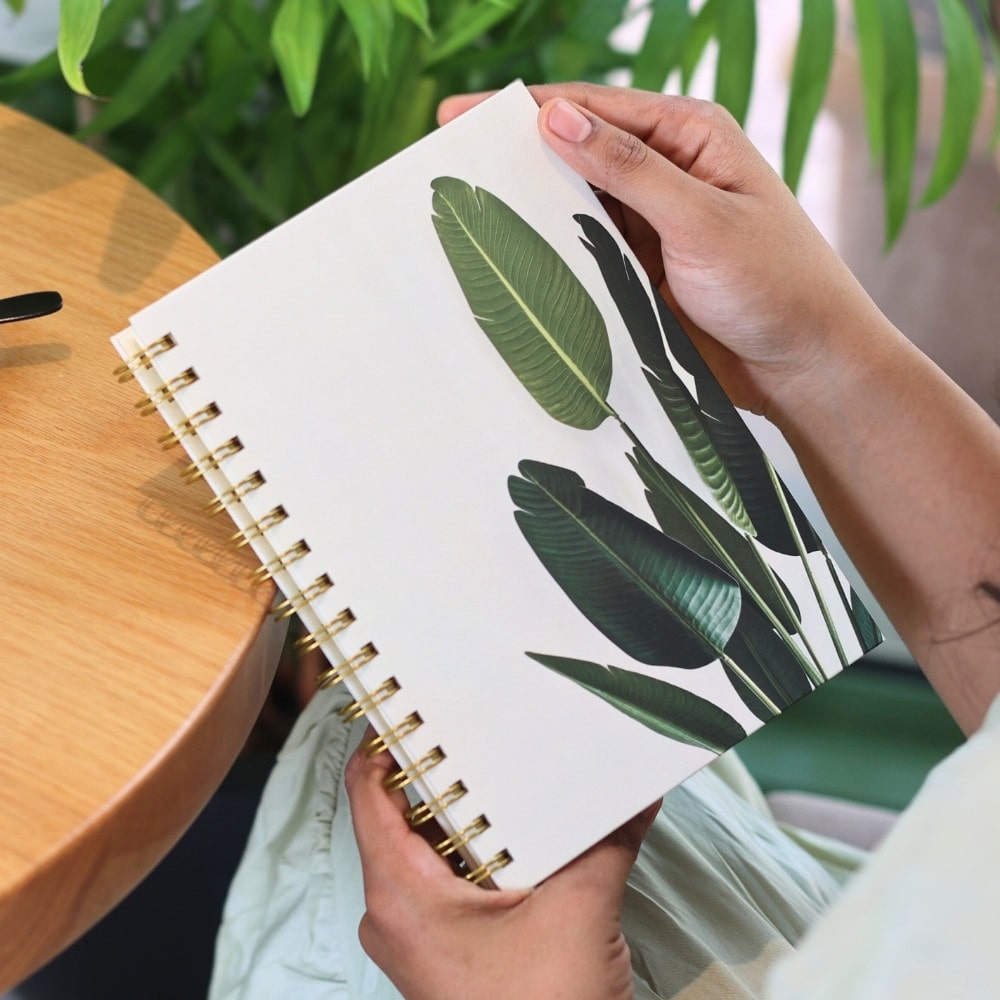 Premium Spiral Plain Notebook - Minimalist Green Leaf Cover Design - A5 Size, Made In UAE