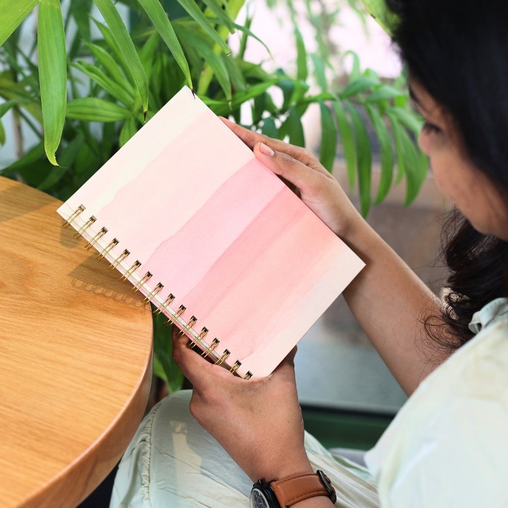 Premium Spiral Plain Notebook - Pink Stripes in Oil Pint Cover Design - A5 Size, Made In UAE