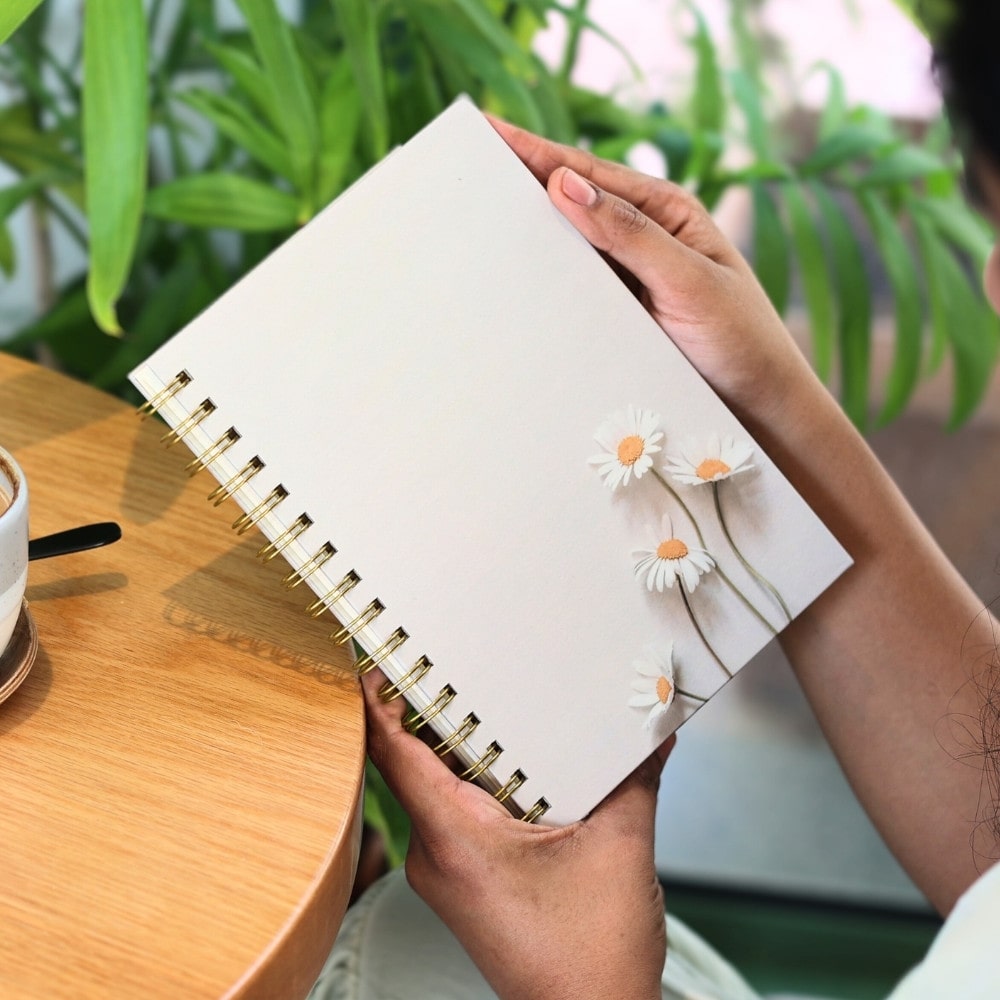 Premium Spiral Plain Notebook - White Minimalist Flower Printed Cover - A5 Size, Made In UAE